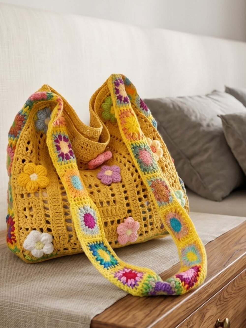 Crochet Flower Tote, Granny Square Shoulder Bag, Boho Knit Handbag, Color Yellow